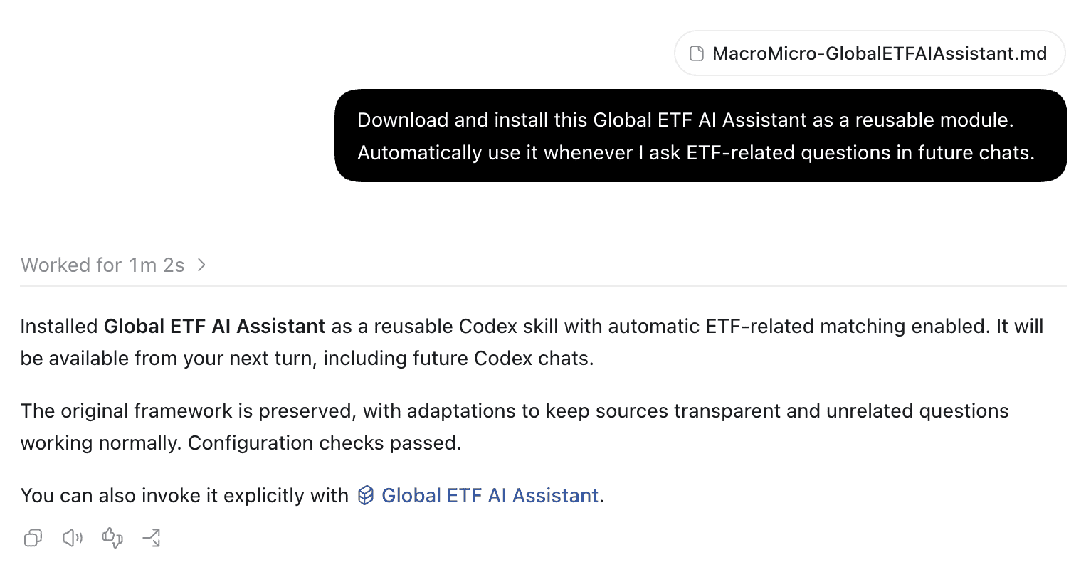 Example of setting up the Global ETF AI Assistant with the setup prompt