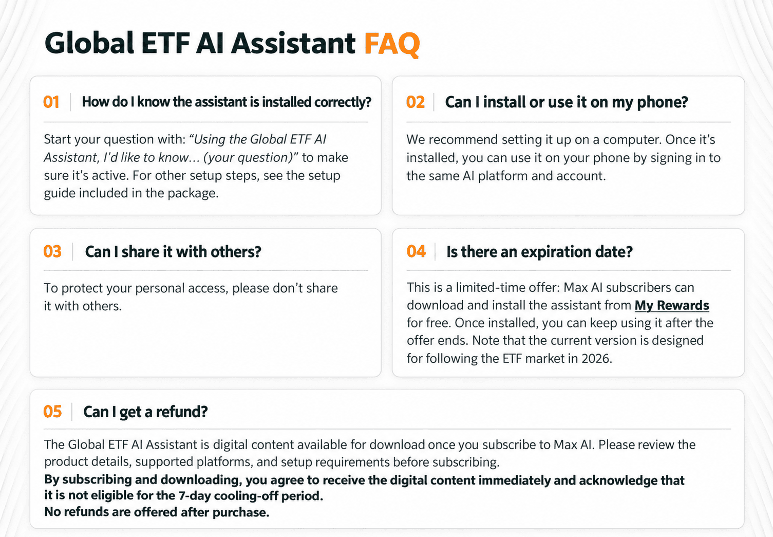 Global ETF AI Assistant FAQ: installation, mobile use, sharing, expiration, and refunds